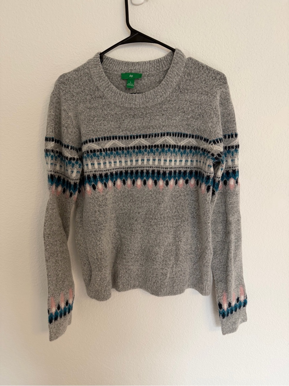 dip Gray Crewneck Sweater with Blue and Pink Fair Isle Detail
